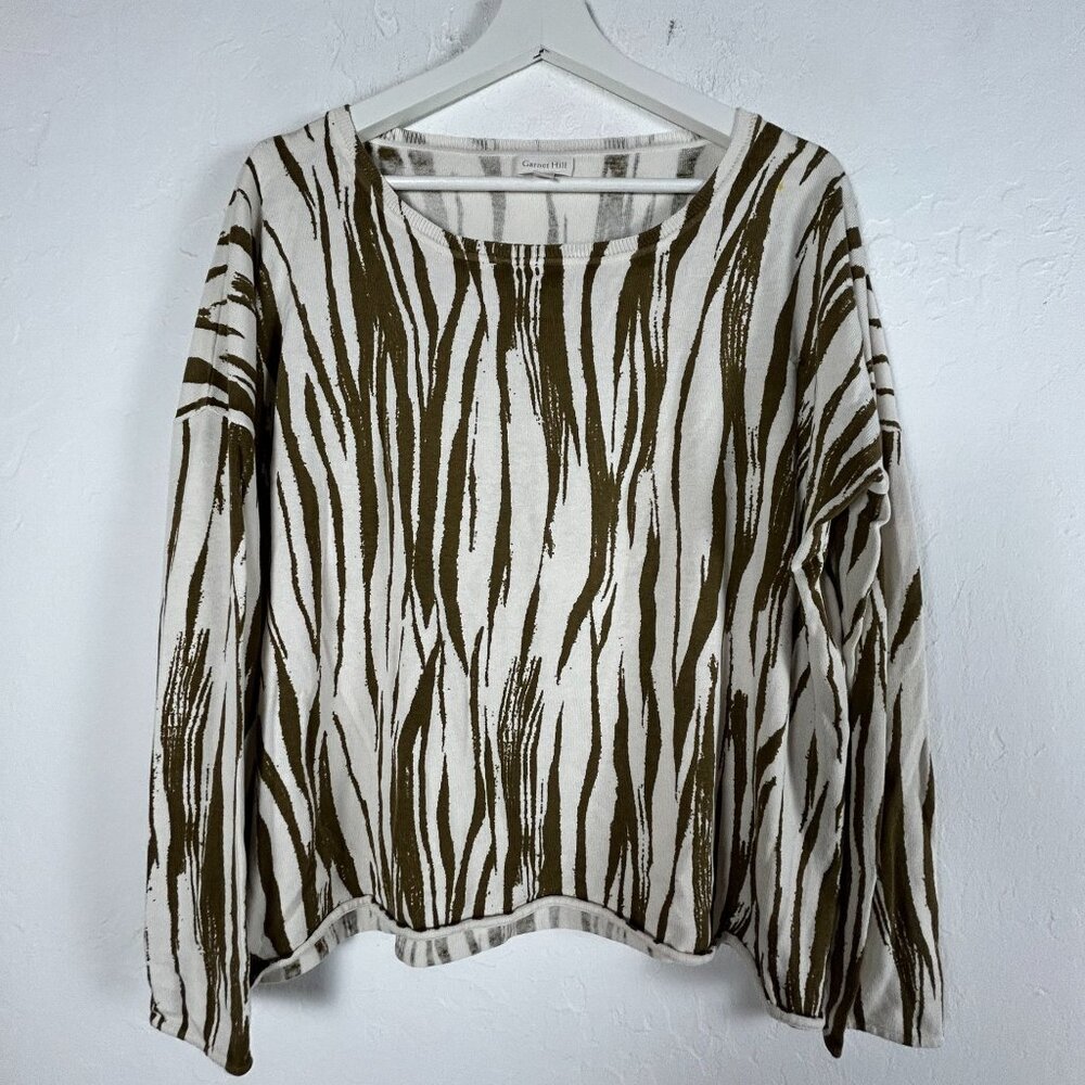 Garnet Hill Womens Silk Cotton Abstract Knit Sweater Large Olive White Pullover